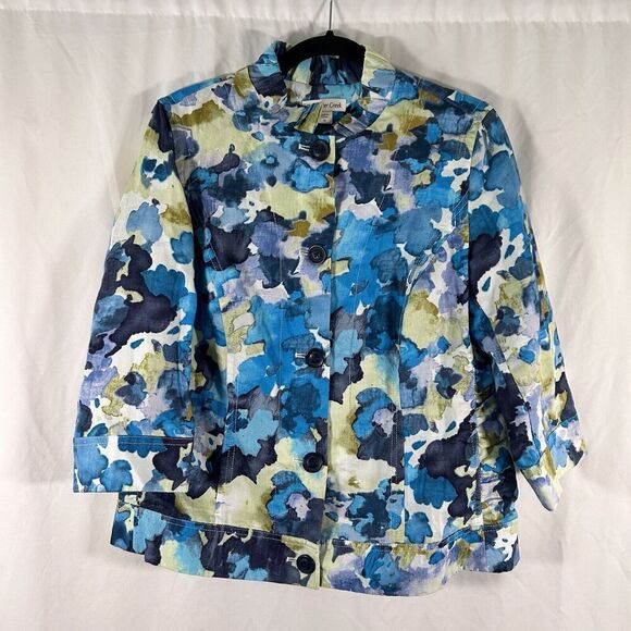 Coldwater Creek Jackets & Blazers - Coldwater Creek Jacket Women's 12 Blue Floral Linen Blend Button Up